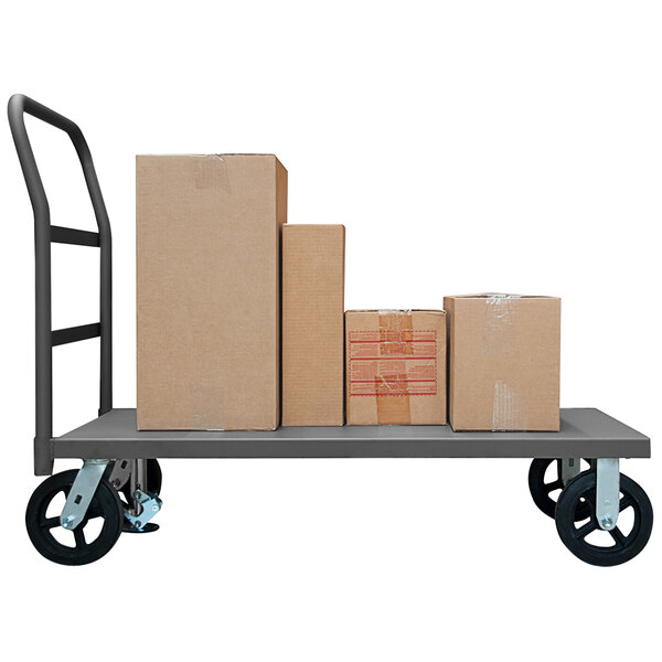 A Durham Manufacturing platform truck with boxes on it.