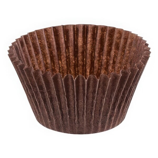 A close-up of a brown Novacart fluted paper cupcake wrapper.