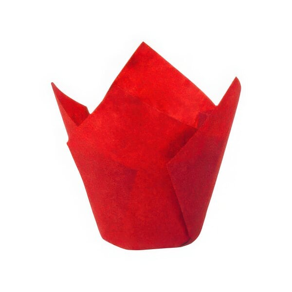 A red Novacart paper tulip baking cup on a white background.