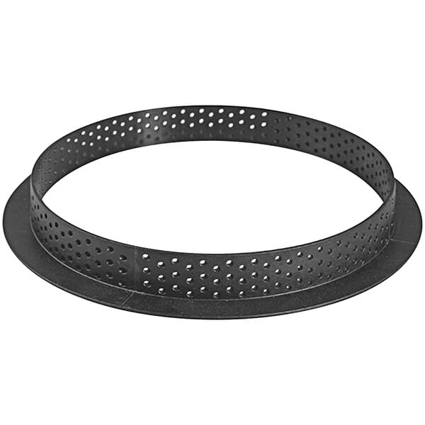A black Silikomart thermoplastic composite tart ring with holes.