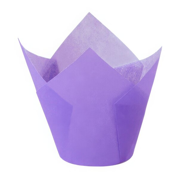 A purple Novacart tulip baking cup with a folded top.