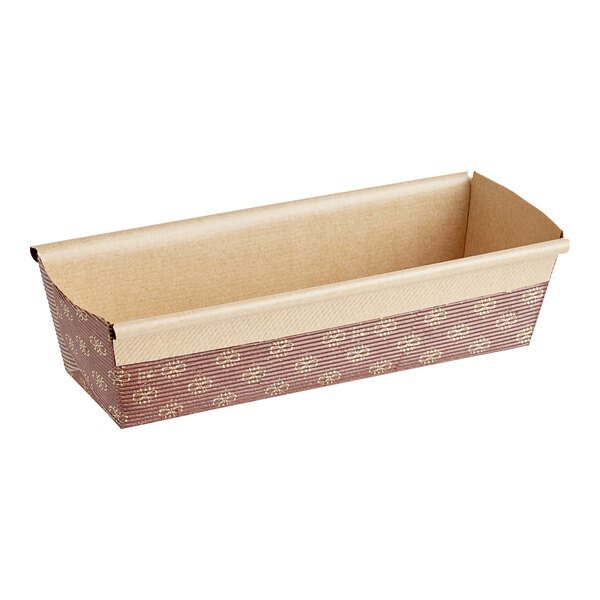A rectangular brown and beige Novacart kraft paper bread loaf mold.