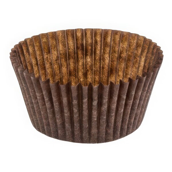 A close-up of a brown Novacart fluted baking cup with a brown rim.