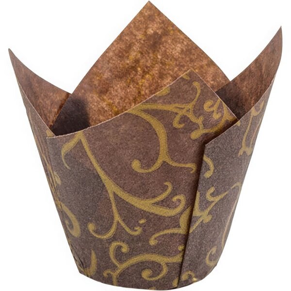 A brown and gold patterned Novacart cupcake wrapper.