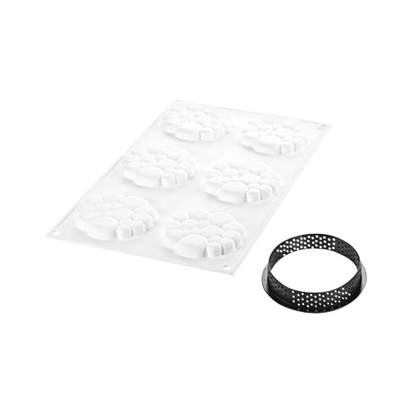 A white silicone baking mold with six circular compartments.