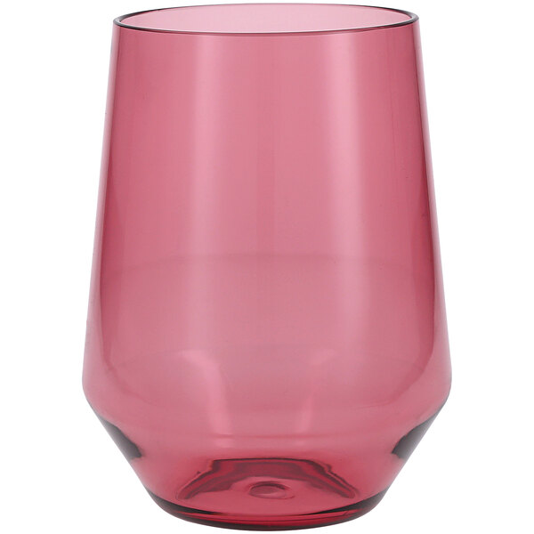 A pink Fortessa Sole Tritan plastic stemless wine glass.