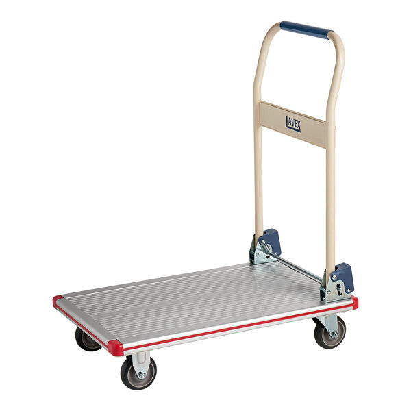 A silver metal Lavex platform truck with wheels and a handle.