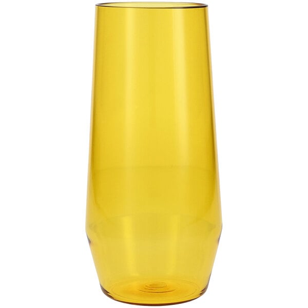 A close up of a yellow Fortessa Sole Tritan plastic beverage glass on a white background.