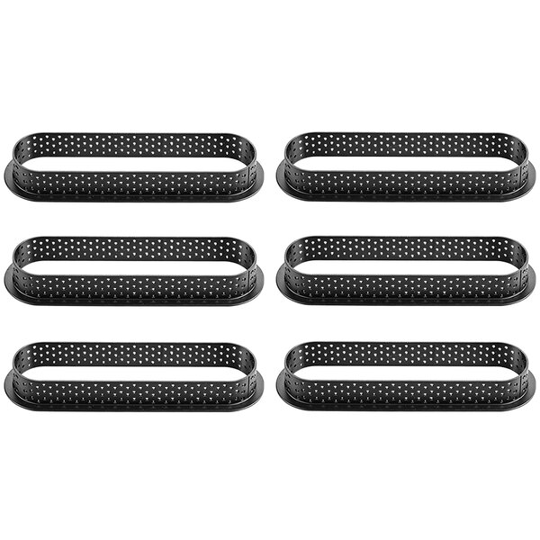 A black and white rectangular Silikomart silicone baking mold with six oval compartments.