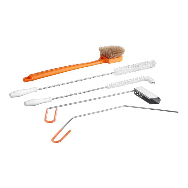 A Fryclone 5-piece commercial deep fryer cleaning kit with brushes, a clean out rod, and a crumb scoop.