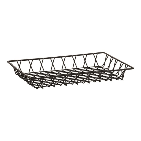 A rectangular black wire tray with a lattice design and raised edges.