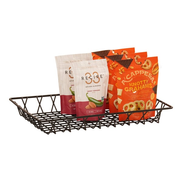 A black wire tray holding snack packages, measuring 18 inches by 12 inches by 3 inches.