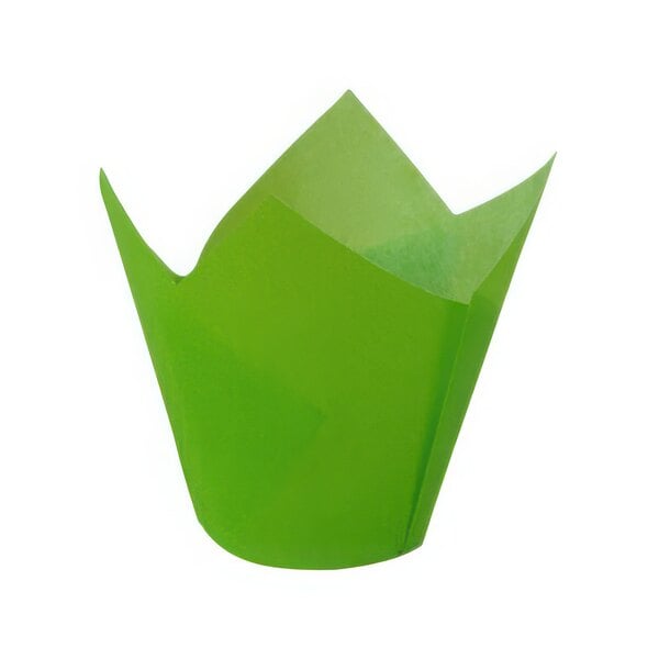 A close-up of a green paper tulip baking cup with a green leaf pattern.