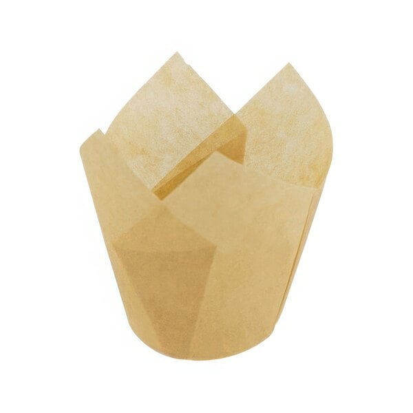 A brown paper tulip baking cup with a folded edge.