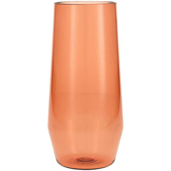 A close-up of a Fortessa Terra Cotta Tritan plastic beverage glass with a red rim.