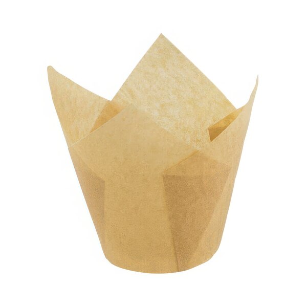 A Novacart natural kraft tulip baking cup with a folded edge on a white background.