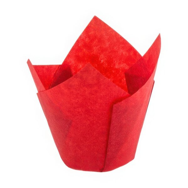 A red Novacart paper cupcake wrapper on a white background.