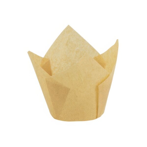 A natural kraft paper cupcake wrapper with a tulip shape.