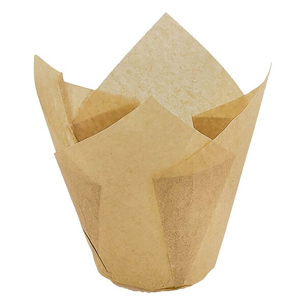 A brown paper Novacart tulip baking cup.