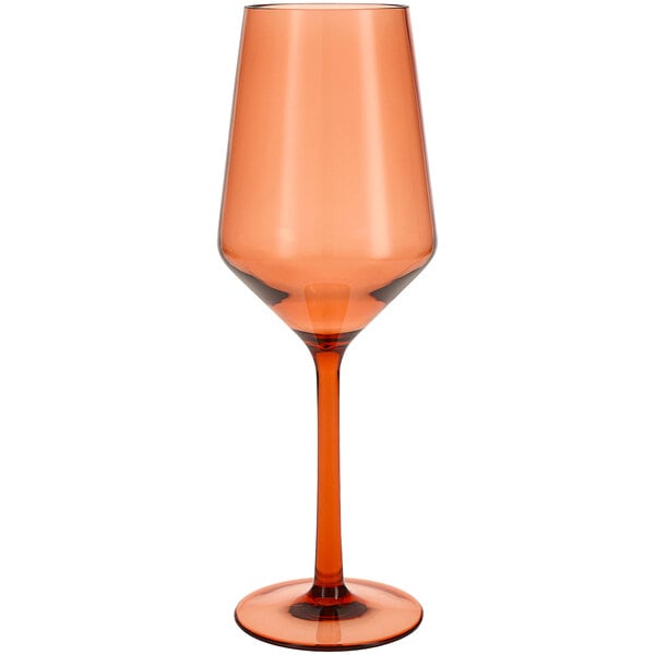 A close-up of a Fortessa Sole Terra Cotta Tritan plastic wine glass with a white background.