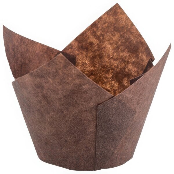 A close-up of a brown Novacart tulip baking cup with a brown wrapper folded in a triangle shape.