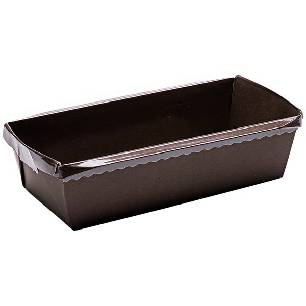 A brown rectangular paper bread loaf mold with a clear lid.