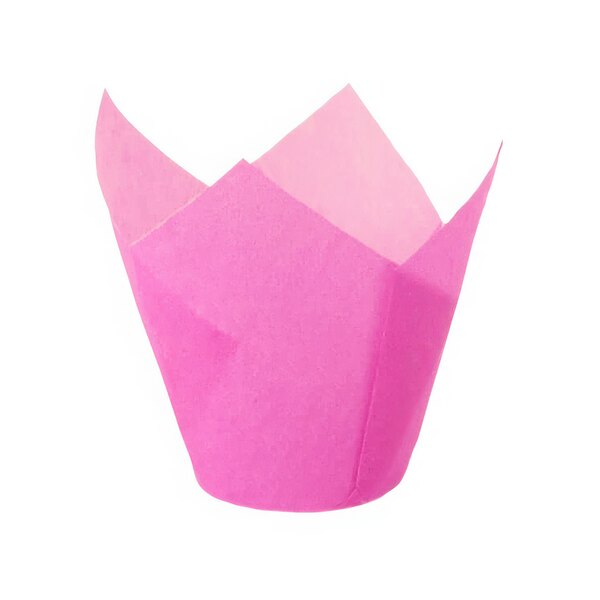 A pink paper cupcake wrapper with a folded design.