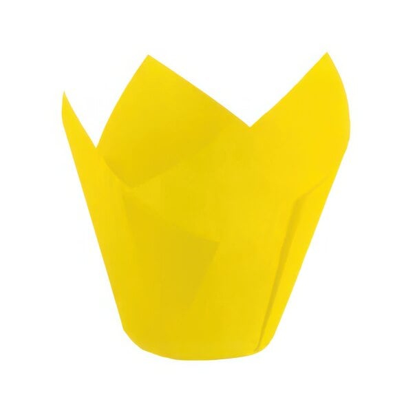 A yellow Novacart paper tulip baking cup.