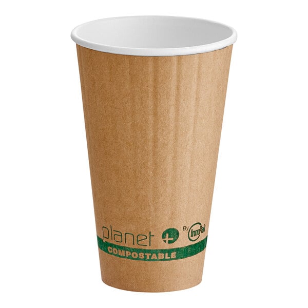 A brown Stalk Market paper hot cup with green and white text that says "Planet+"