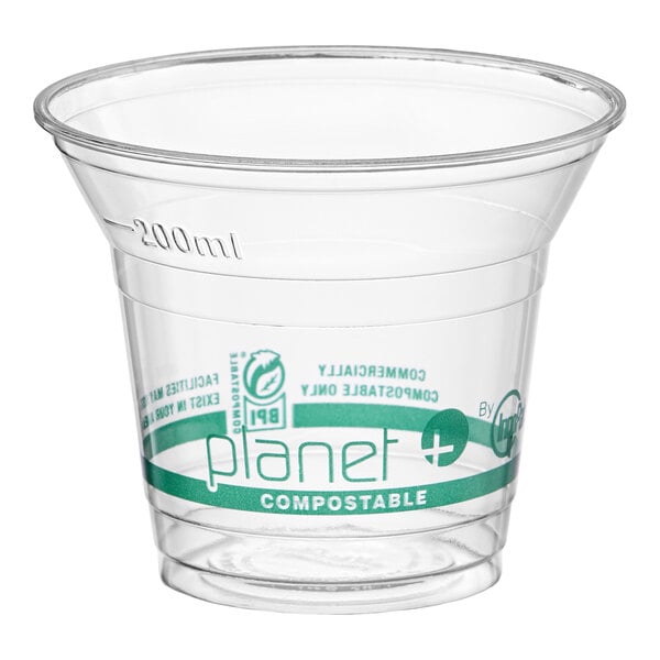 A clear 9 oz. compostable plastic cold cup with green labeling and a 200 ml measurement mark.