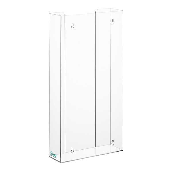 A clear acrylic rectangular holder with four compartments for disposable gloves.