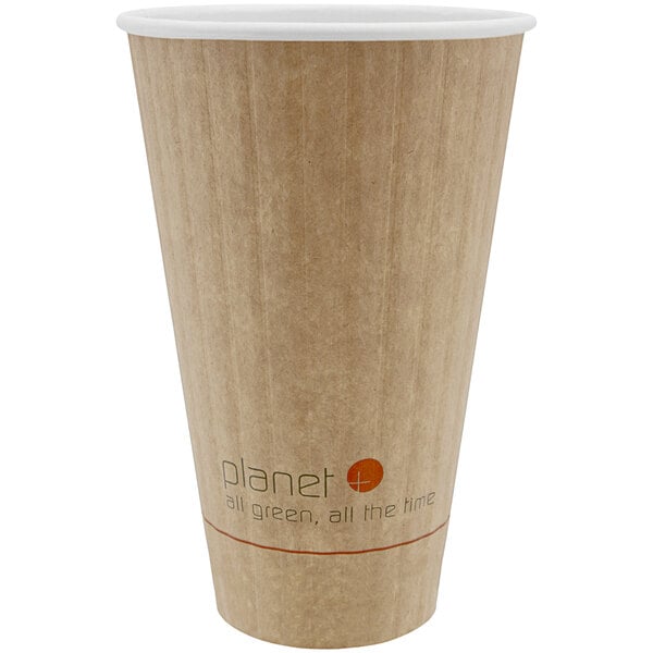 A brown Stalk Market paper hot cup with the word "planet" on it.