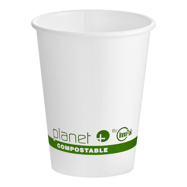 A white 8 oz. compostable paper hot cup with green labeling, designed for single-use beverage service.