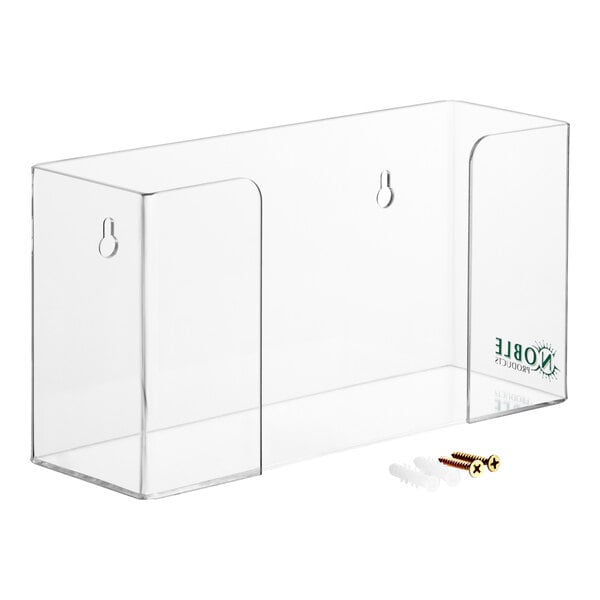 A clear plastic container with holes and screws for a Noble Products Single Box Acrylic Wall-Mount Glove Dispenser.
