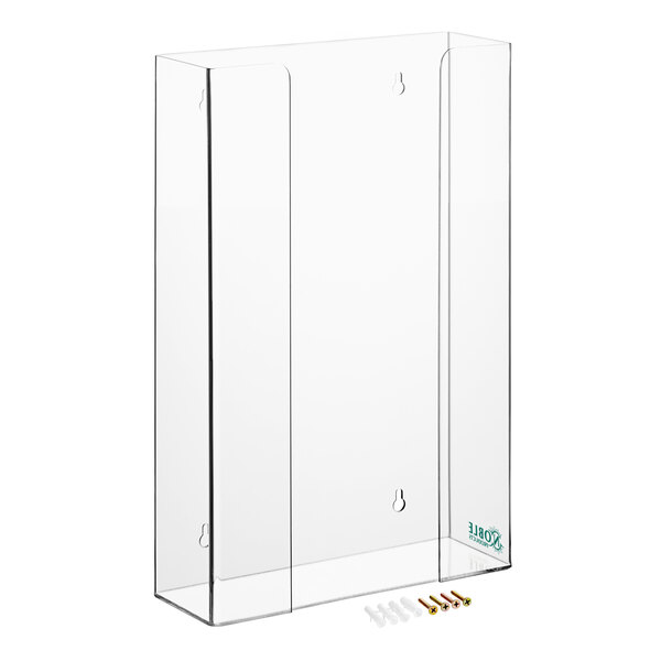 A clear acrylic wall-mount box with three compartments and screws.