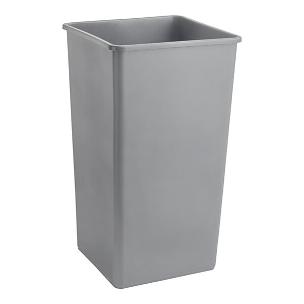 A grey rectangular Lavex plastic trash can with a lid.
