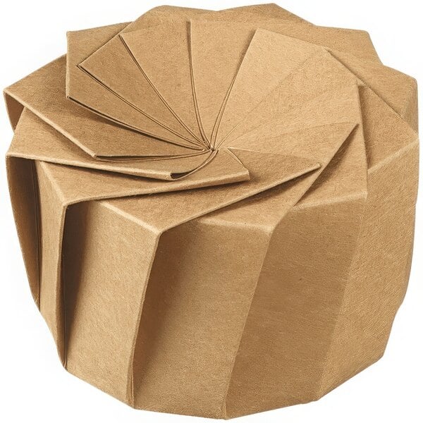 A brown Solia origami bowl with a spiral design made of folded paper.