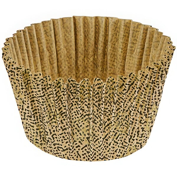 A Novacart brown fluted baking cup with a leopard print pattern.