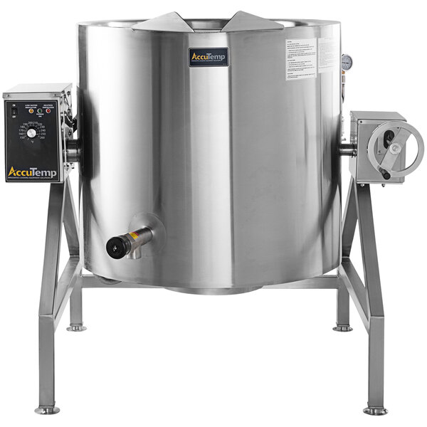 An AccuTemp stainless steel tilt kettle on a stand.