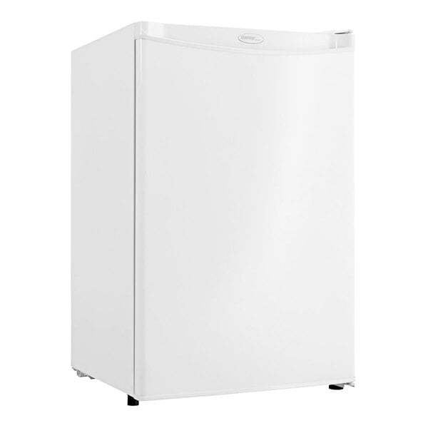 A white Danby reach-in refrigerator with a solid door.