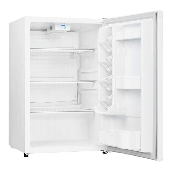 A white Danby reach-in refrigerator with its door open and shelves inside.