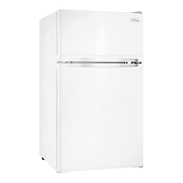 A white Danby reach-in refrigerator/freezer with a silver handle.