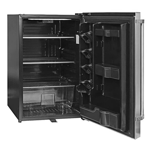 A stainless steel Danby undercounter refrigerator with a solid door open to reveal shelves.