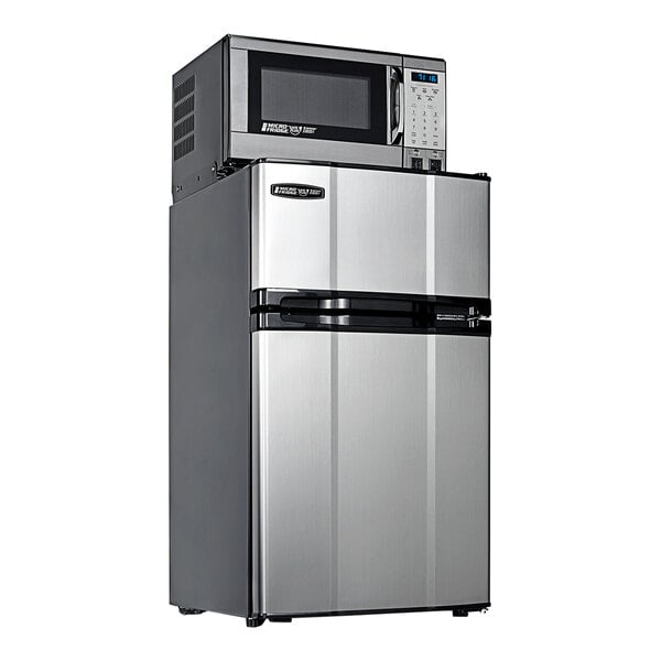 A silver Danby MicroFridge with a microwave on top.