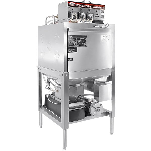 A CMA Dishmachines door type dishwasher with a stainless steel base.