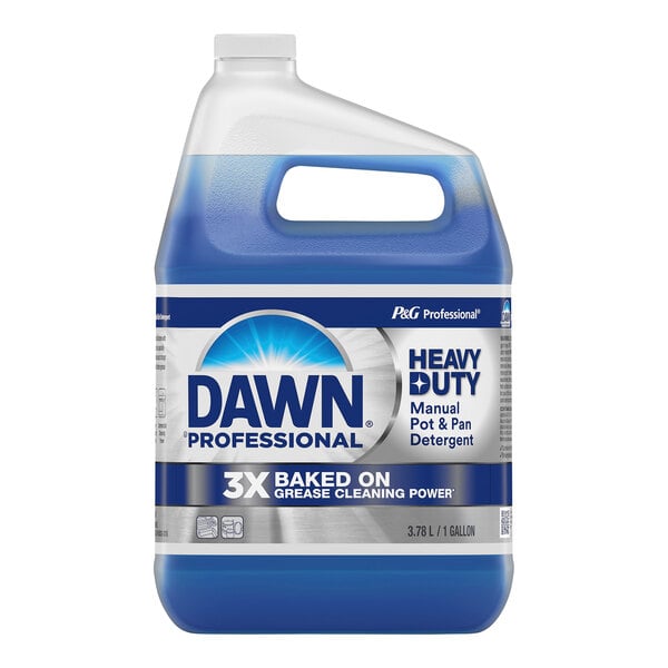 A blue and white Dawn Professional container of heavy-duty manual pot and pan detergent.