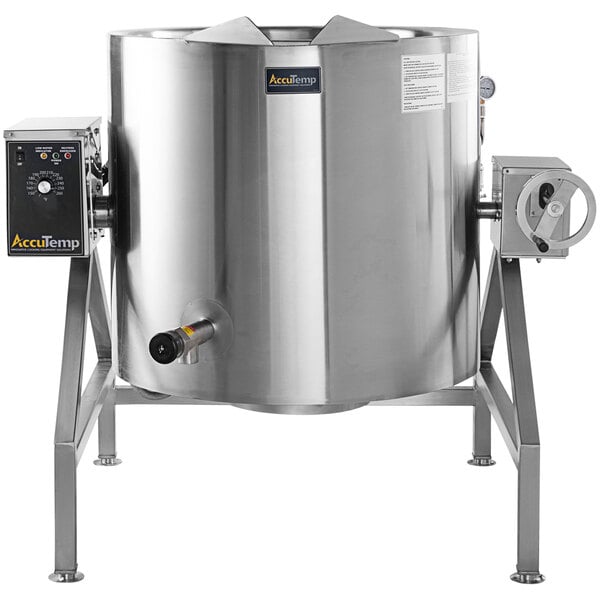 An AccuTemp Edge Series stainless steel tilt kettle on a stand.