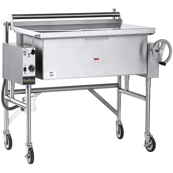 A stainless steel AccuTemp tilt skillet on a counter.