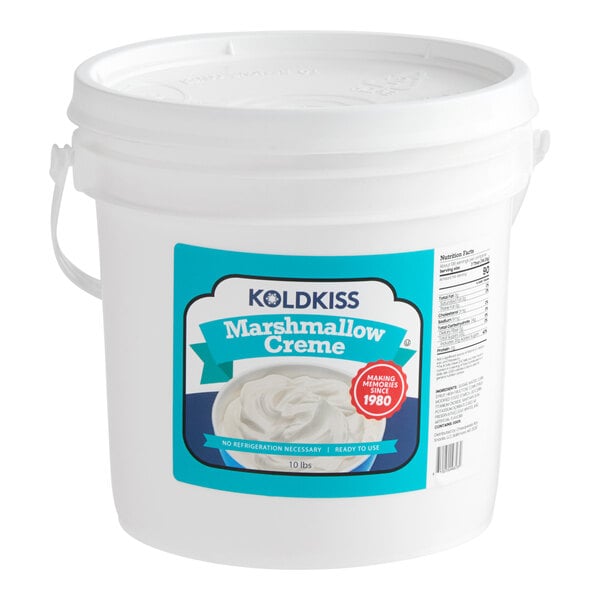 A white Koldkiss pail of marshmallow creme with a label.