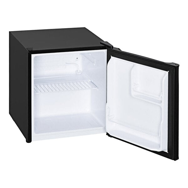A Danby black solid door reach-in refrigerator with its door open.